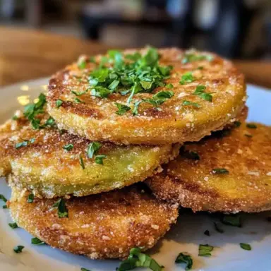 Close-up of crispy fried green tomatoes stacked on a white plate, garnished with fresh herbs.