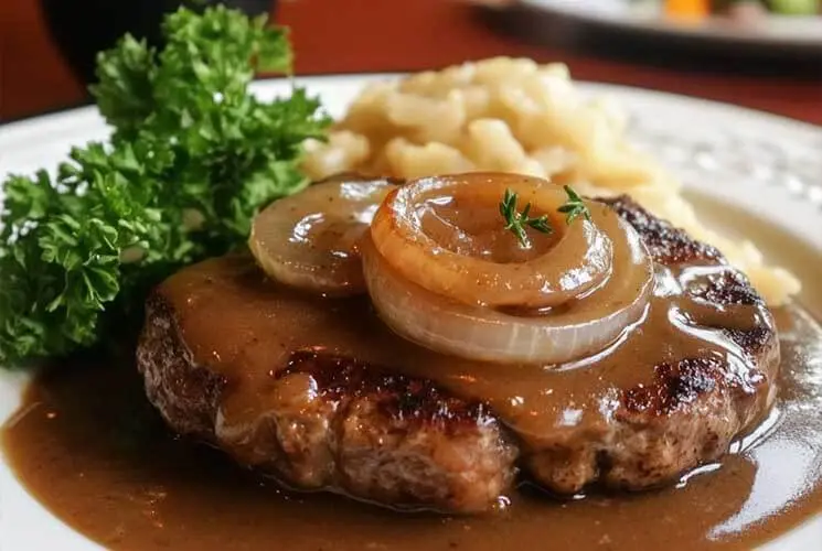 Plated hamburger steak topped with thick brown onion gravy and a ring of caramelized onion, garnished with fresh thyme and parsley, served with mashed potatoes on a white dish.