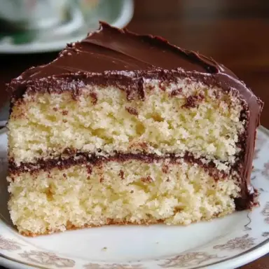 Close-up of a moist two-layer old fashioned butter cake topped with rich chocolate icing, served on a vintage floral plate