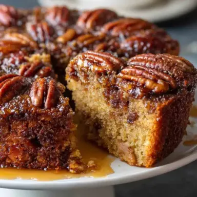 Close-up of a gooey pecan upside down cake with caramelized pecans and moist yellow cake, served on a white cake stand.