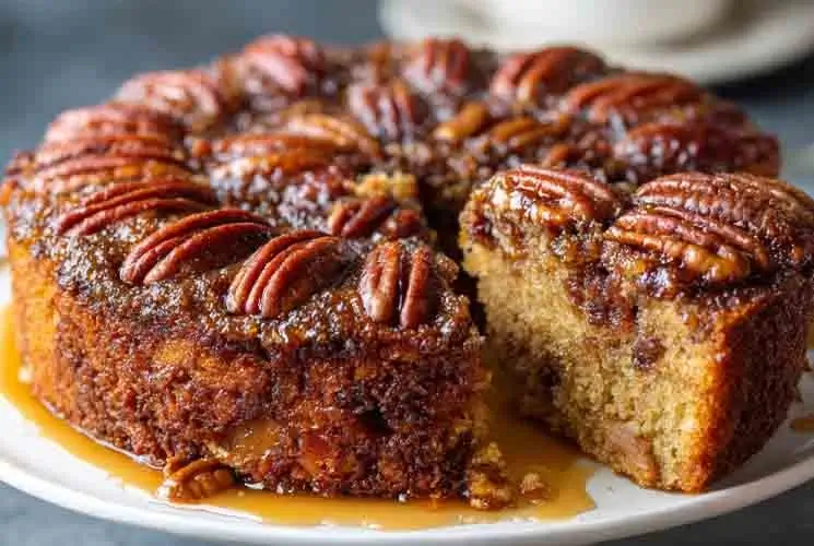 Whole pecan upside down cake on a white plate with one slice removed, showing a gooey caramel nut topping and moist golden cake.