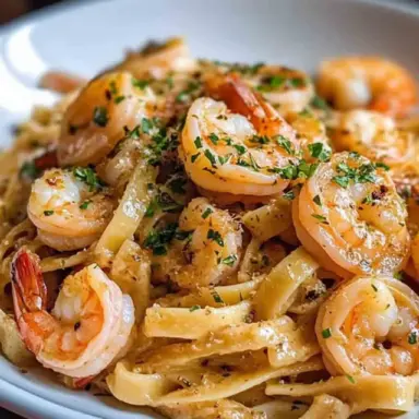 Close-up of creamy shrimp pasta with fettuccine noodles, garlic parmesan sauce, and fresh herbs served on a white plate.