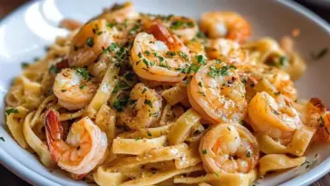 Creamy garlic butter shrimp pasta with fettuccine noodles and parsley, served on a white plate.