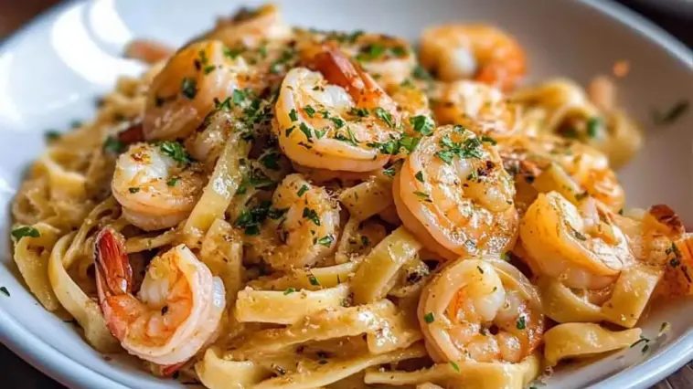 Creamy garlic butter shrimp pasta with fettuccine noodles and parsley, served on a white plate.