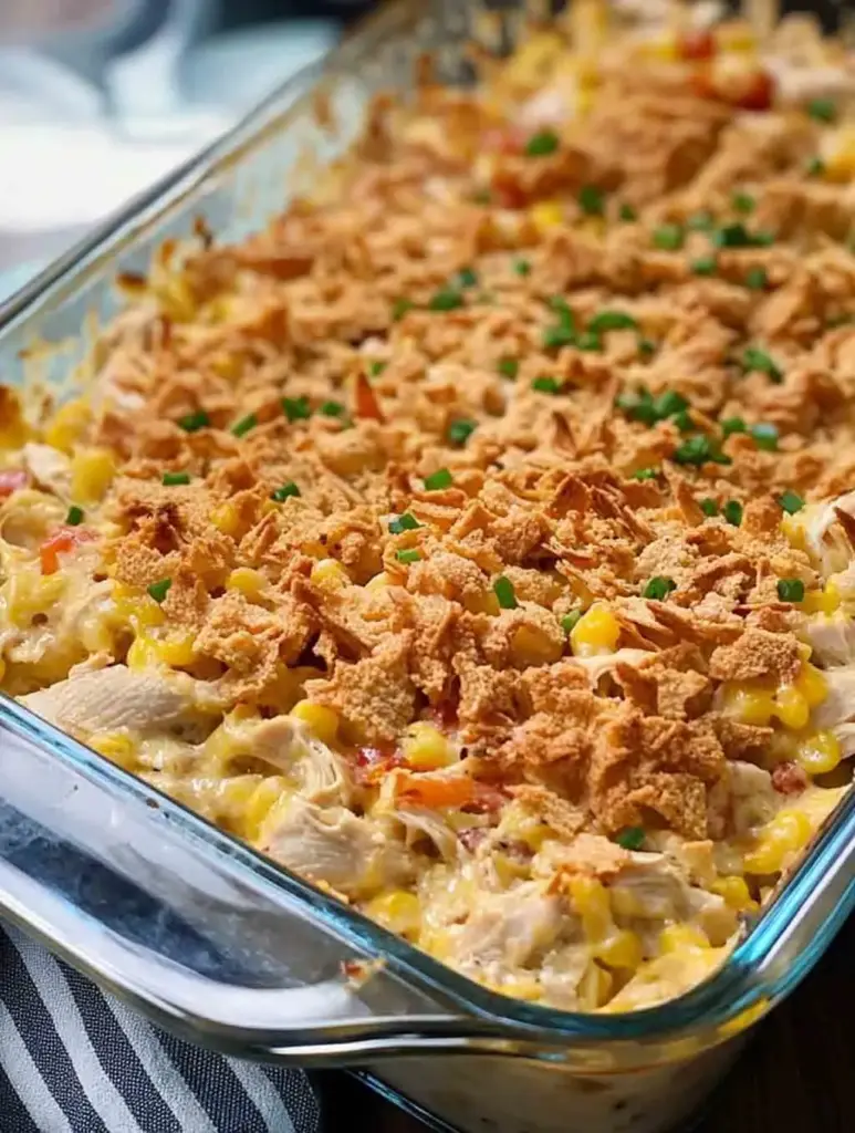 A baked casserole in a white dish filled with creamy chicken, melted cheese, pasta, and topped with a golden, crispy cracker crust – served with a side of green beans.