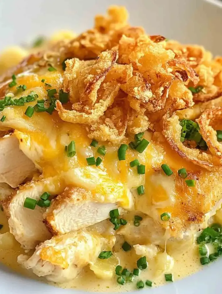 Golden, cheesy chicken casserole with visible pasta, chunks of chicken, and crunchy topping, styled on a rustic wooden table with parsley garnish and side salad.