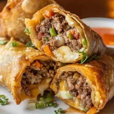 Close-up of crispy cheesesteak egg rolls filled with seasoned beef, melted cheese, and vegetables, served on a white plate with dipping sauce.