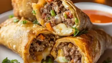Golden-brown cheesesteak egg rolls filled with seasoned ground beef, melted cheese, and diced vegetables, stacked on a white plate with dipping sauce.