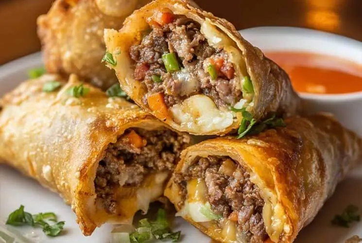 Golden-brown cheesesteak egg rolls filled with seasoned ground beef, melted cheese, and diced vegetables, stacked on a white plate with dipping sauce.