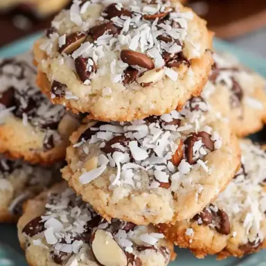 Close-up of chewy 4 ingredient Almond Joy cookies topped with shredded coconut, chocolate chips, and almonds, stacked on a blue plate.
