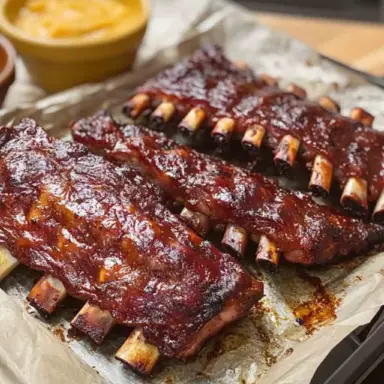 Two racks of oven-baked babyback ribs with a sticky BBQ glaze, resting on parchment-lined baking sheet, served with a side of creamy mac and cheese.