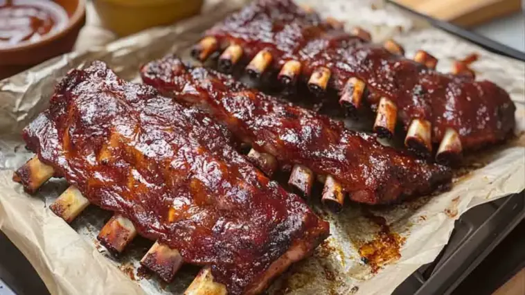 Close-up of three racks of glazed babyback ribs baked in the oven, resting on a parchment-lined tray with visible caramelized BBQ sauce and bone ends.