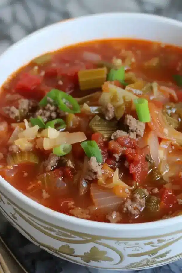 Hearty cabbage roll soup served in a white bowl with parsley garnish