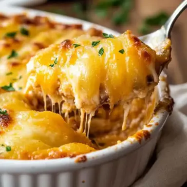 Close-up of cheesy scalloped potatoes in a white baking dish, with a serving spoon lifting a melty, golden portion topped with chopped parsley.