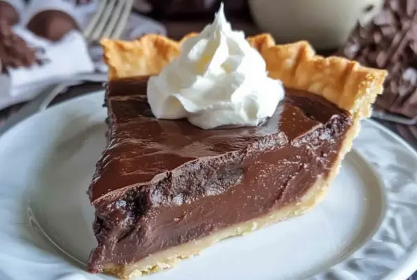 A close-up of a slice of creamy chocolate pie with a golden flaky crust and a swirl of whipped cream on top, served on a white plate.