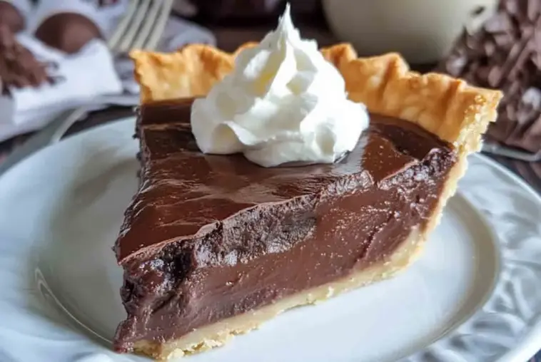 A close-up of a slice of creamy chocolate pie with a golden flaky crust and a swirl of whipped cream on top, served on a white plate.