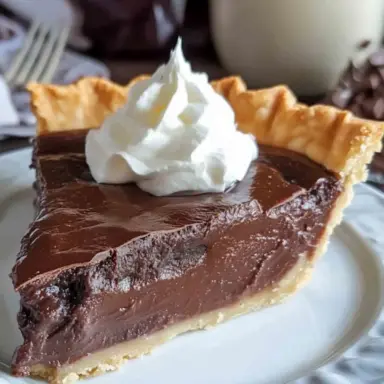 A slice of rich chocolate pie with a flaky golden crust, topped with whipped cream, served on a white plate with a glass of milk in the background.