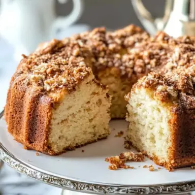 A moist, golden-brown coffee cake with a cinnamon streusel topping, served on a white cake stand with a slice cut out to show its soft, fluffy crumb.