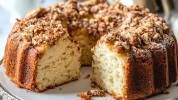 Golden-brown bundt-style coffee cake topped with crunchy cinnamon streusel, displayed on a white cake stand with a slice cut out showing its fluffy interior.