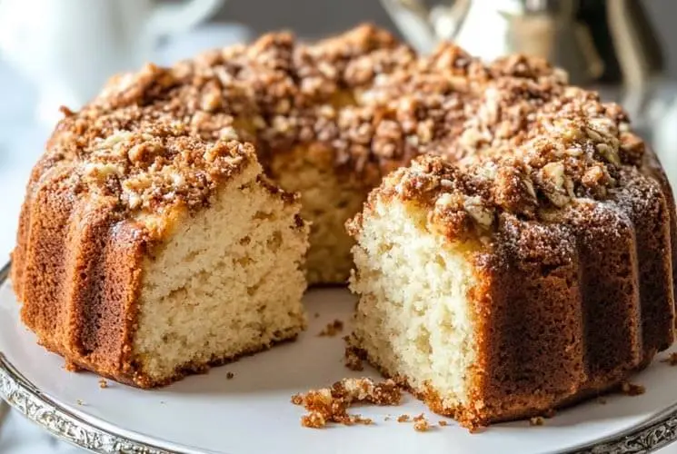 Golden-brown bundt-style coffee cake topped with crunchy cinnamon streusel, displayed on a white cake stand with a slice cut out showing its fluffy interior.