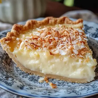 Close-up of a slice of creamy coconut custard pie on a decorative plate, topped with golden toasted coconut flakes and set on a rustic linen napkin.