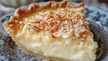 A close-up of a creamy slice of coconut custard pie topped with golden toasted coconut, sitting on a vintage patterned plate—perfect for holidays or potlucks.