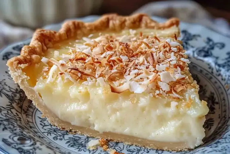 A close-up of a creamy slice of coconut custard pie topped with golden toasted coconut, sitting on a vintage patterned plate—perfect for holidays or potlucks.