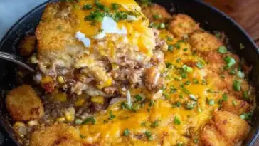 Cast iron skillet filled with cowboy casserole made of ground beef, corn, cheese, and tater tots, with a cheesy portion lifted by a serving spoon.