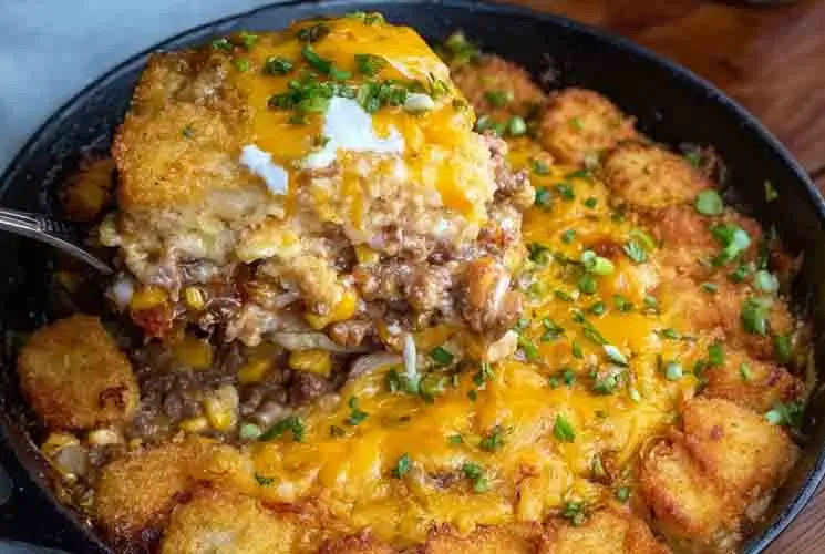 Cast iron skillet filled with cowboy casserole made of ground beef, corn, cheese, and tater tots, with a cheesy portion lifted by a serving spoon.