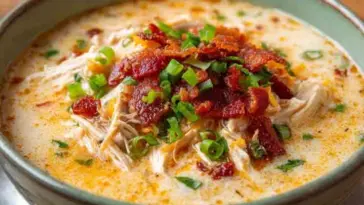 Close-up of creamy crack chicken soup in a bowl, topped with shredded chicken, crispy bacon pieces, chopped green onions, and melted cheese.