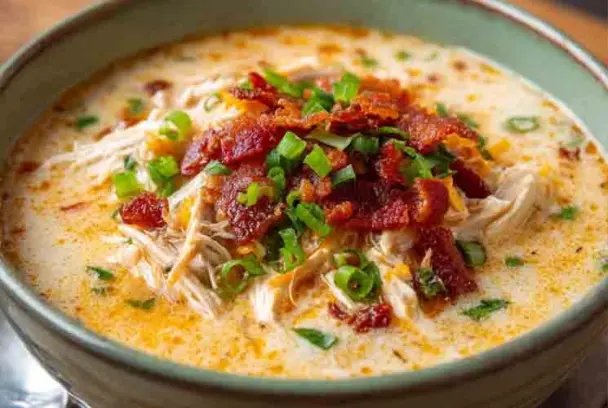 Close-up of creamy crack chicken soup in a bowl, topped with shredded chicken, crispy bacon pieces, chopped green onions, and melted cheese.