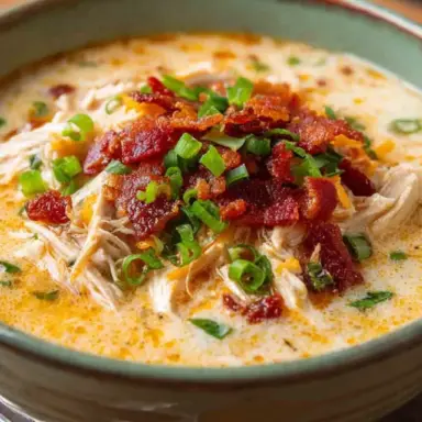 Bowl of creamy crack chicken soup topped with crispy bacon bits, shredded chicken, and chopped green onions in a rustic green bowl.
