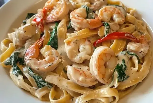 Plate of creamy shrimp fettuccine pasta with spinach and red bell peppers in a garlic Parmesan cream sauce, served on a white dish.