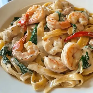 A close-up of creamy shrimp fettuccine pasta on a white plate, with garlic butter shrimp, red peppers, spinach, and rich Parmesan cream sauce.