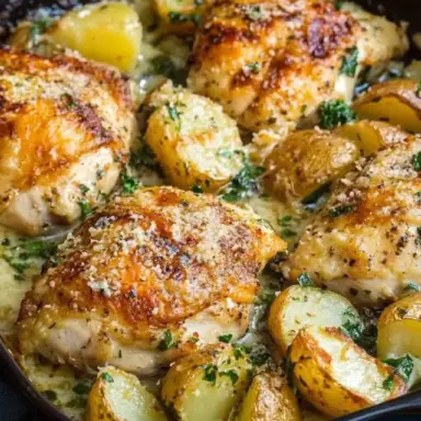 Golden roasted chicken thighs with crispy garlic parmesan potatoes in a baking dish, garnished with herbs and melted cheese.