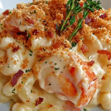 Close-up of creamy lobster mac and cheese with crispy bacon bread crumbs and fresh thyme garnish on a white plate