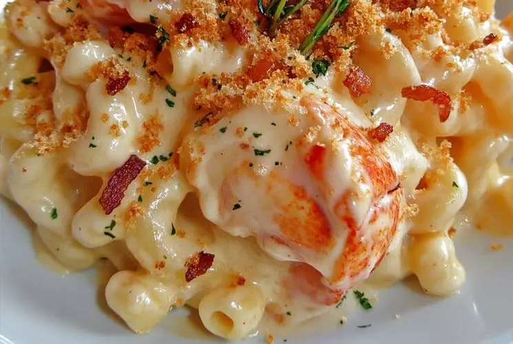 Baked lobster mac and cheese topped with golden bacon crumbs and herbs, served hot on a white plate