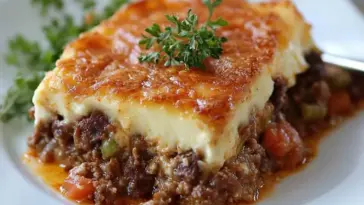 Golden-baked slice of Moussaka Cottage Pie showing layers of creamy béchamel, seasoned beef, and vegetables, topped with fresh parsley and served on a white plate.