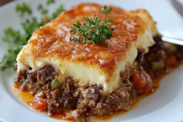 Golden-baked slice of Moussaka Cottage Pie showing layers of creamy béchamel, seasoned beef, and vegetables, topped with fresh parsley and served on a white plate.