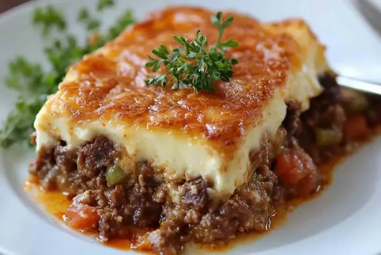 Golden-baked slice of Moussaka Cottage Pie showing layers of creamy béchamel, seasoned beef, and vegetables, topped with fresh parsley and served on a white plate.