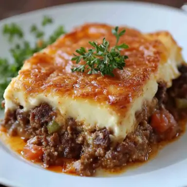 Close-up of Moussaka Cottage Pie on a white plate, showing layers of roasted eggplant, seasoned ground beef, and golden baked béchamel topping, garnished with fresh herbs.