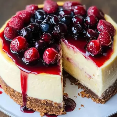 A tall, creamy New York-style cheesecake topped with glazed mixed berries, including raspberries and blueberries, with a slice cut out to reveal the smooth texture and thick graham cracker crust.