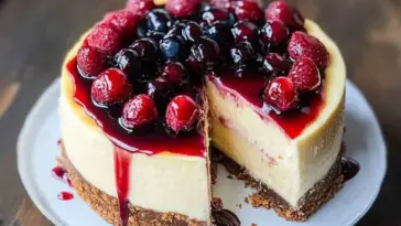 A tall and creamy New York cheesecake with a thick graham cracker crust, topped with glistening raspberries and blueberries in a berry glaze, with one slice missing.