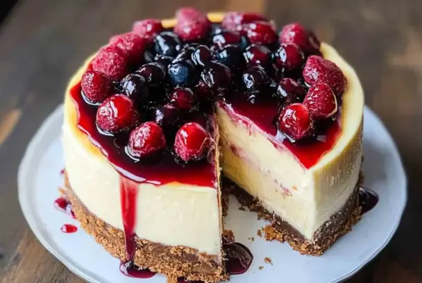 A tall and creamy New York cheesecake with a thick graham cracker crust, topped with glistening raspberries and blueberries in a berry glaze, with one slice missing.