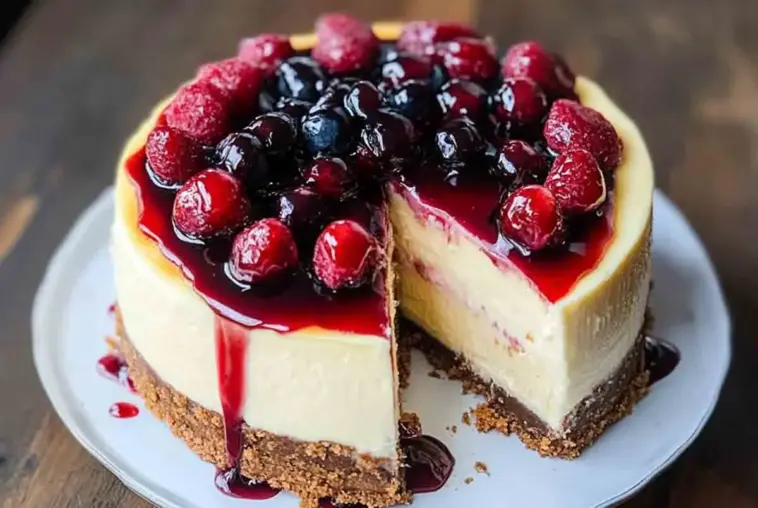 A tall and creamy New York cheesecake with a thick graham cracker crust, topped with glistening raspberries and blueberries in a berry glaze, with one slice missing.