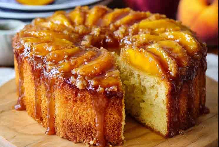 Close-up of a Peach Cobbler Pound Cake on a wooden board, topped with glossy caramelized peach slices and rich brown sugar glaze, with a slice cut out.