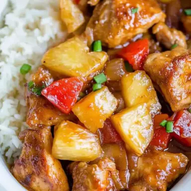 Close-up of Slow Cooker Hawaiian Pineapple Chicken served with rice, featuring tender chicken pieces, sweet pineapple chunks, red bell peppers, and savory sauce.