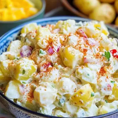 A bowl of creamy Southern potato salad made with cubed potatoes, mayonnaise, mustard, sweet relish, and chopped vegetables, garnished with paprika and herbs.