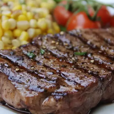 Grilled steak with visible char marks served with corn, cherry tomatoes, and green beans on a white plate, showcasing a juicy and tender texture.