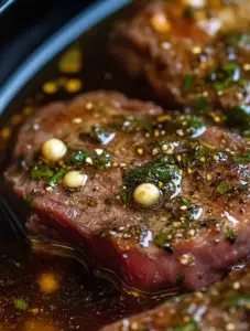Raw steak marinating in a dark, herb-infused liquid with garlic, peppercorns, and spices visible—highlighting the marinade's rich texture and seasoning.